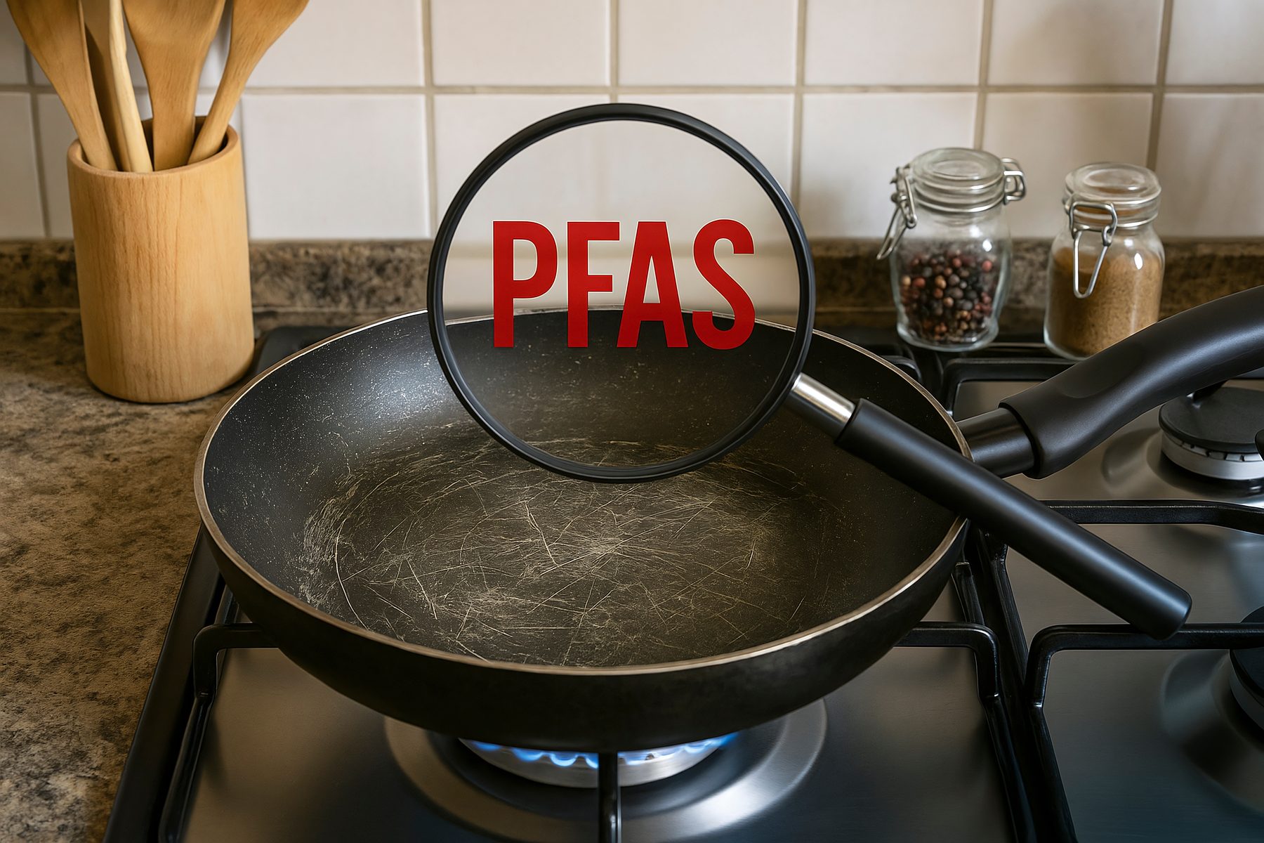 A magnifying glass over a scratched non-stick pan revealing the word PFAS
