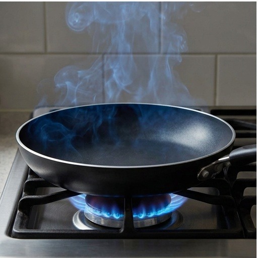 Empty black non-stick pan on a gas burner with blue flames and blue smoke rising from the surface