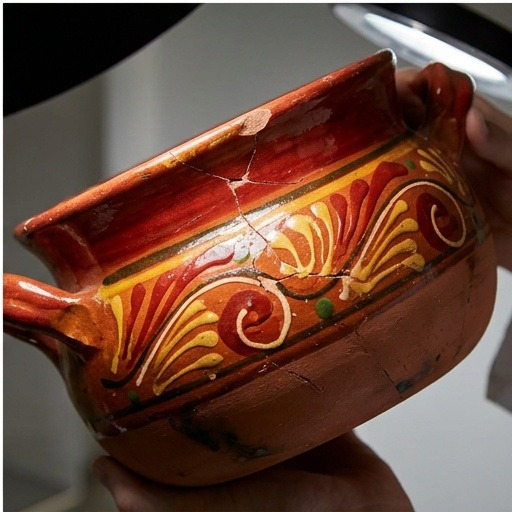 Hand-painted vintage Mexican ceramic pot with cracked red, orange, and yellow glaze